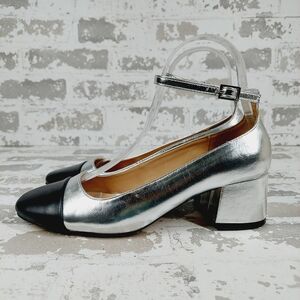 NEW Steve Madden Eli Silver Black Toe Ankle Strap Block Heel Pumps X205